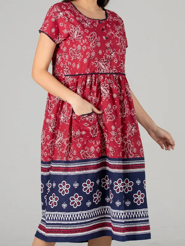 Women's_Navy_Floral_Printed_100%_Cotton_Short_Nighty_with_Half_Sleeves,_Round_Neck_&_Navy_Blue_Border_|_Short_Nightgown_|_Pom_Pom_lace_with_Placket_Button_Down_Style