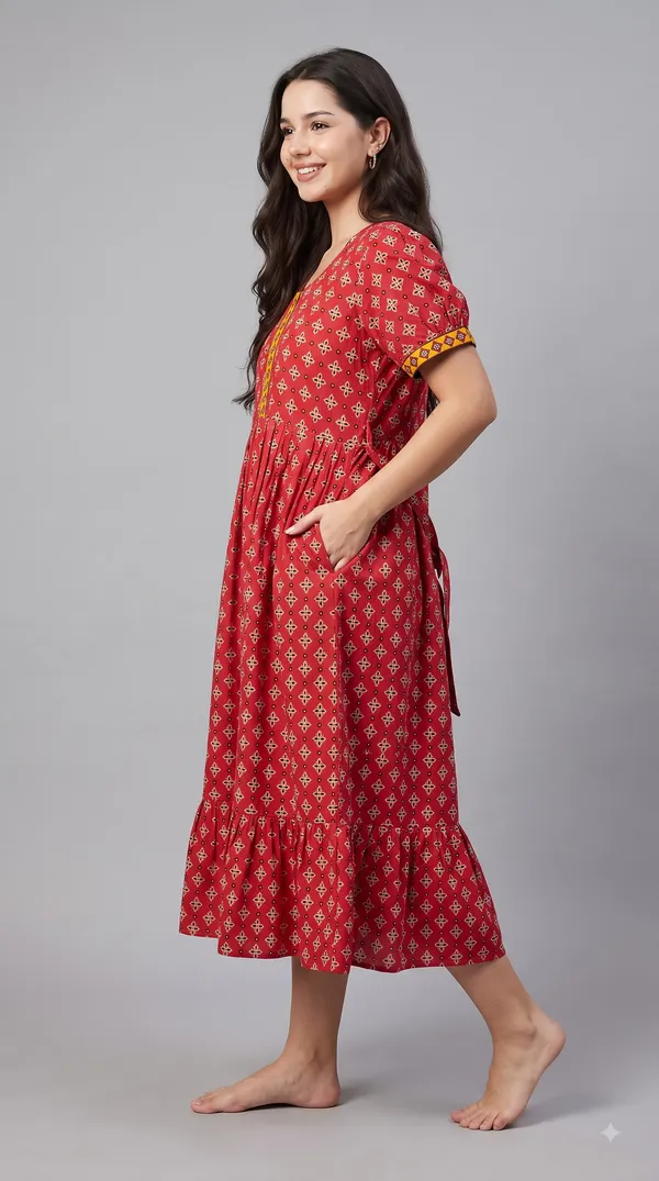 Women's_Navy_Red_100%_Cotton_Printed_Short_Nighty_with_Button-Down_Placket,_Short_Sleeves_&_Tiered_Flared_Hem_|_Floral_Print_Nightgown