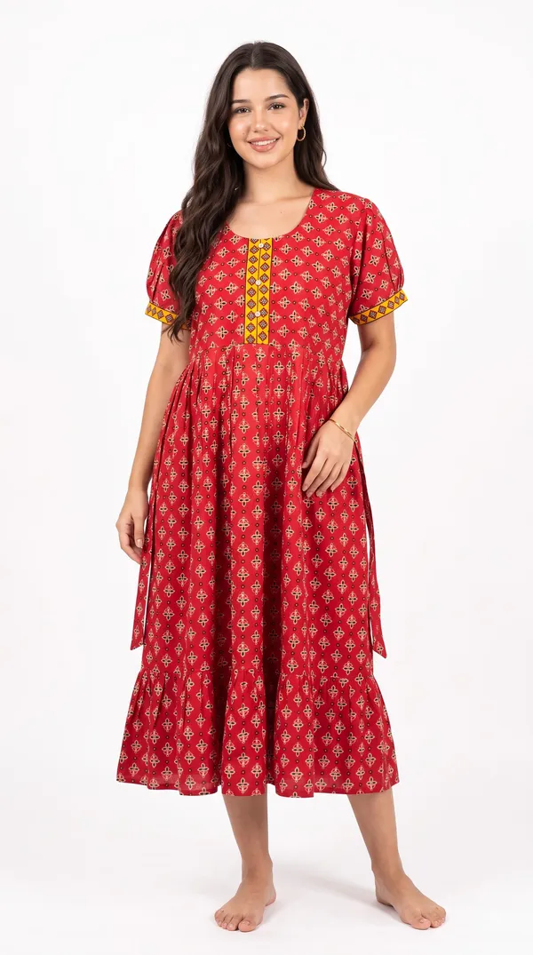 Women's_Navy_Red_100%_Cotton_Printed_Short_Nighty_with_Button-Down_Placket,_Short_Sleeves_&_Tiered_Flared_Hem_|_Floral_Print_Nightgown