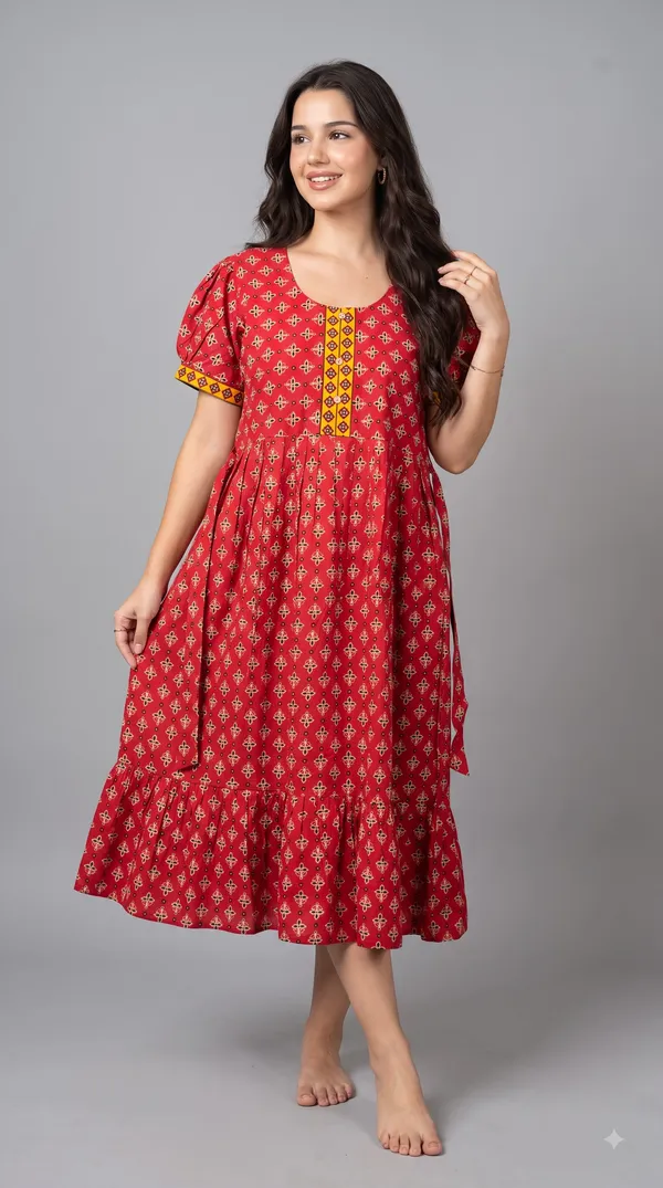 Women's_Navy_Red_100%_Cotton_Printed_Short_Nighty_with_Button-Down_Placket,_Short_Sleeves_&_Tiered_Flared_Hem_|_Floral_Print_Nightgown