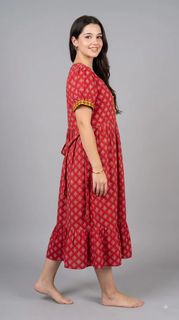 Women's_Navy_Red_100%_Cotton_Printed_Short_Nighty_with_Button-Down_Placket,_Short_Sleeves_&_Tiered_Flared_Hem_|_Floral_Print_Nightgown