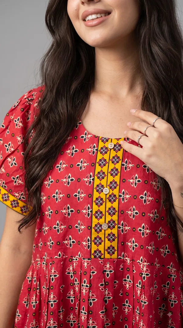Women's_Navy_Red_100%_Cotton_Printed_Short_Nighty_with_Button-Down_Placket,_Short_Sleeves_&_Tiered_Flared_Hem_|_Floral_Print_Nightgown