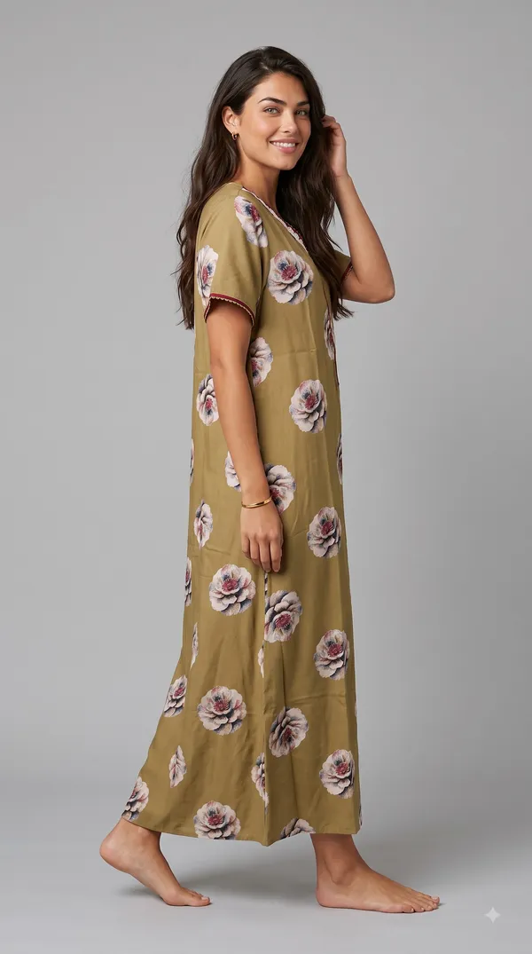 Women's_Olive_Green_Alpine_Fabric_Long_Nighty_with_Floral_Print,_Arkhā_Zipper_&_Lace_Neckline_|_Full_Length_Ladies_Nightgown_|_Super_Soft_Fabric