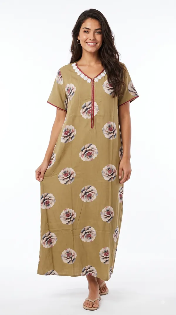 Women's_Olive_Green_Alpine_Fabric_Long_Nighty_with_Floral_Print,_Arkhā_Zipper_&_Lace_Neckline_|_Full_Length_Ladies_Nightgown_|_Super_Soft_Fabric