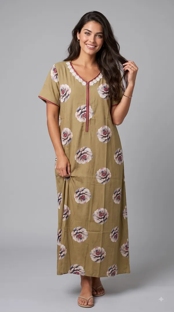 Women's_Olive_Green_Alpine_Fabric_Long_Nighty_with_Floral_Print,_Arkhā_Zipper_&_Lace_Neckline_|_Full_Length_Ladies_Nightgown_|_Super_Soft_Fabric