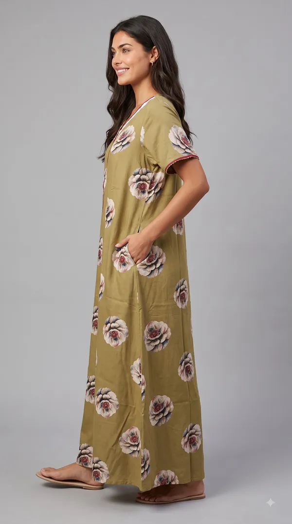 Women's_Olive_Green_Alpine_Fabric_Long_Nighty_with_Floral_Print,_Arkhā_Zipper_&_Lace_Neckline_|_Full_Length_Ladies_Nightgown_|_Super_Soft_Fabric
