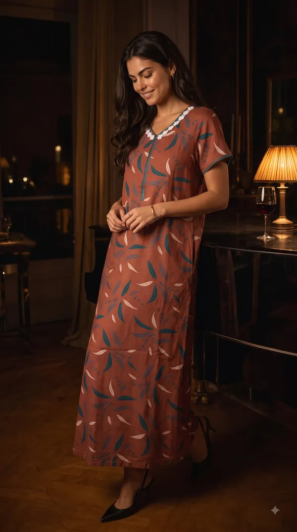Women's__Rust_Red_Alpine_Fabric_Long_Nighty_with_Floral_Print,_Arkhā_Zipper_&_Lace_Neckline_|_Full_Length_Ladies_Nightgown_|_Super_Soft_Fabric