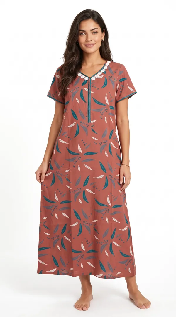 Women's__Rust_Red_Alpine_Fabric_Long_Nighty_with_Floral_Print,_Arkhā_Zipper_&_Lace_Neckline_|_Full_Length_Ladies_Nightgown_|_Super_Soft_Fabric