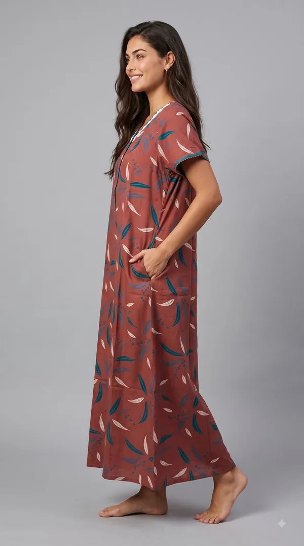 Women's__Rust_Red_Alpine_Fabric_Long_Nighty_with_Floral_Print,_Arkhā_Zipper_&_Lace_Neckline_|_Full_Length_Ladies_Nightgown_|_Super_Soft_Fabric