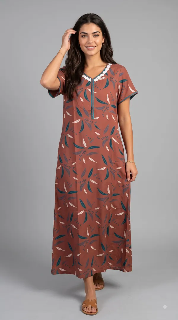 Women's__Rust_Red_Alpine_Fabric_Long_Nighty_with_Floral_Print,_Arkhā_Zipper_&_Lace_Neckline_|_Full_Length_Ladies_Nightgown_|_Super_Soft_Fabric