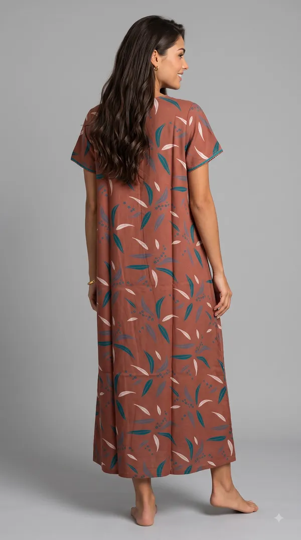 Women's__Rust_Red_Alpine_Fabric_Long_Nighty_with_Floral_Print,_Arkhā_Zipper_&_Lace_Neckline_|_Full_Length_Ladies_Nightgown_|_Super_Soft_Fabric