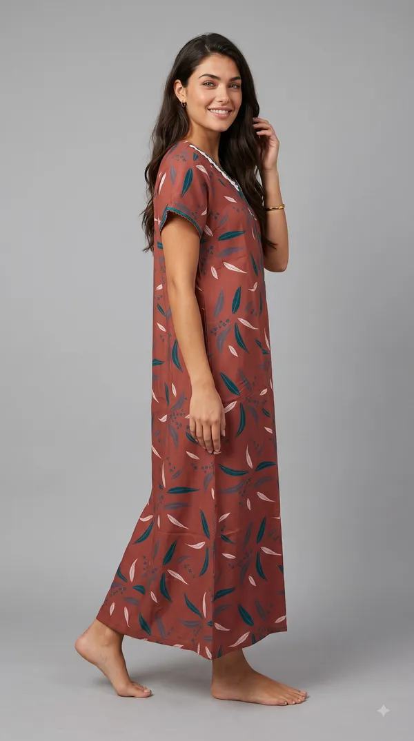 Women's__Rust_Red_Alpine_Fabric_Long_Nighty_with_Floral_Print,_Arkhā_Zipper_&_Lace_Neckline_|_Full_Length_Ladies_Nightgown_|_Super_Soft_Fabric