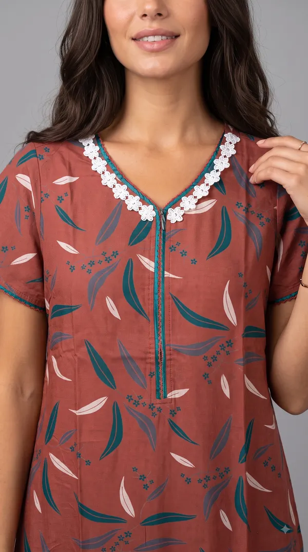 Women's__Rust_Red_Alpine_Fabric_Long_Nighty_with_Floral_Print,_Arkhā_Zipper_&_Lace_Neckline_|_Full_Length_Ladies_Nightgown_|_Super_Soft_Fabric