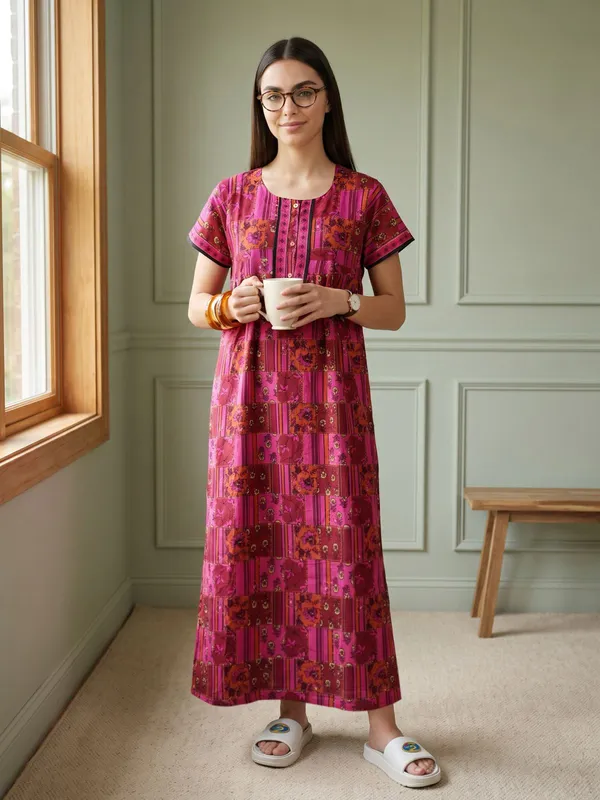 Pink_Cotton_Long_Maxi_Night_Gown_&_Stylish_Button