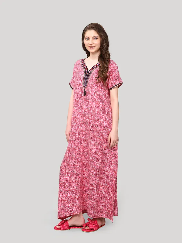 Evolove_Women's_Viscose_Liva_Embroidery_with_Tussle_Long_Maxi_Night_Gown_Nighty_Dress_With_Pocket,_Super_Soft_Comfortable_Fushia
