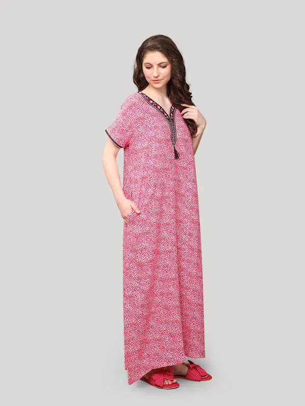 Evolove_Women's_Viscose_Liva_Embroidery_with_Tussle_Long_Maxi_Night_Gown_Nighty_Dress_With_Pocket,_Super_Soft_Comfortable_Fushia