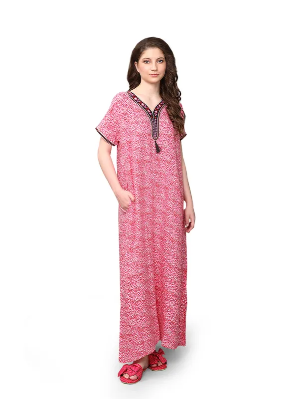 Evolove_Women's_Viscose_Liva_Embroidery_with_Tussle_Long_Maxi_Night_Gown_Nighty_Dress_With_Pocket,_Super_Soft_Comfortable_Fushia