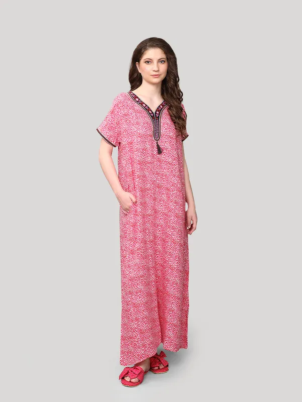 Evolove_Women's_Viscose_Liva_Embroidery_with_Tussle_Long_Maxi_Night_Gown_Nighty_Dress_With_Pocket,_Super_Soft_Comfortable_Fushia
