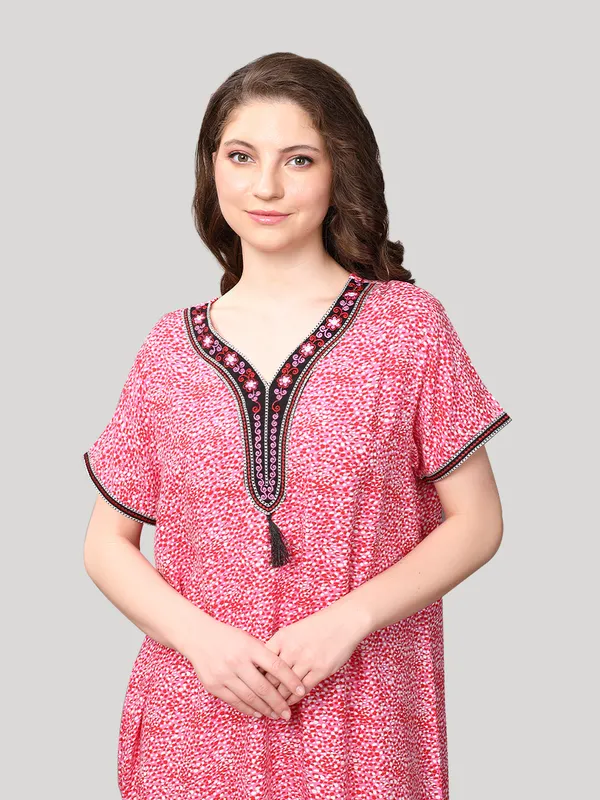 Evolove_Women's_Viscose_Liva_Embroidery_with_Tussle_Long_Maxi_Night_Gown_Nighty_Dress_With_Pocket,_Super_Soft_Comfortable_Fushia