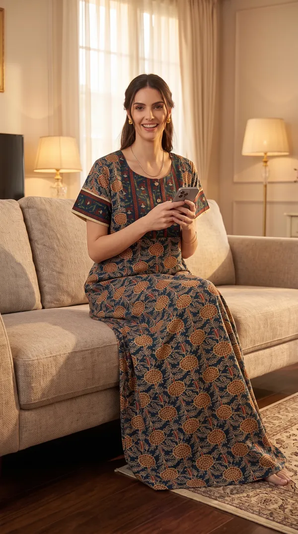 Evolove_Women's_Teal_Green_Cotton_Floral_Printed_Button_Down_Long_Nighty_|_Soft_Breathable_Floral_Printed_Full_Length_Night_Gown_with_Contrast_Patch_Yoke_|_Comfortable_Sleepwear_&_Home_Wear_|_Coconut_Buttons