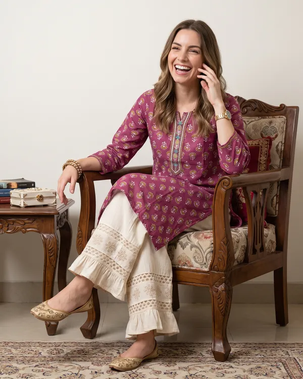Evolove_Cotton_Printed_Kurti_for_Women_|_3/4_Sleeves_Ethnic_Straight_Kurta_with_Contrast_Round_Neck_Design_|_Soft_&_Comfortable