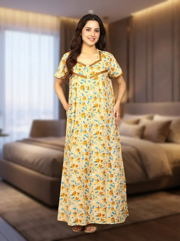 Evolove_Cotton_Maxi_Nighty_For_Women_With_Side_Pocket_|_Floral_Print_V-Neck_Short_Sleeves_Full_Length_Night_Wear_Gown_Light_Yellow