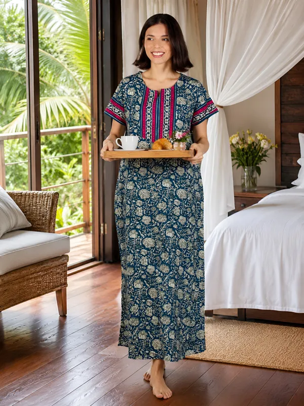 Evolove_Women's_Cotton_Contrast_Patch_Nighty_|_Soft_Breathable_Full_Length_Floral_Printed_Night_Gown_with_Designer_Yoke_|_Half_Sleeve_with_Side_Pocket|_Comfortable_Sleepwear_&_Home_Wear