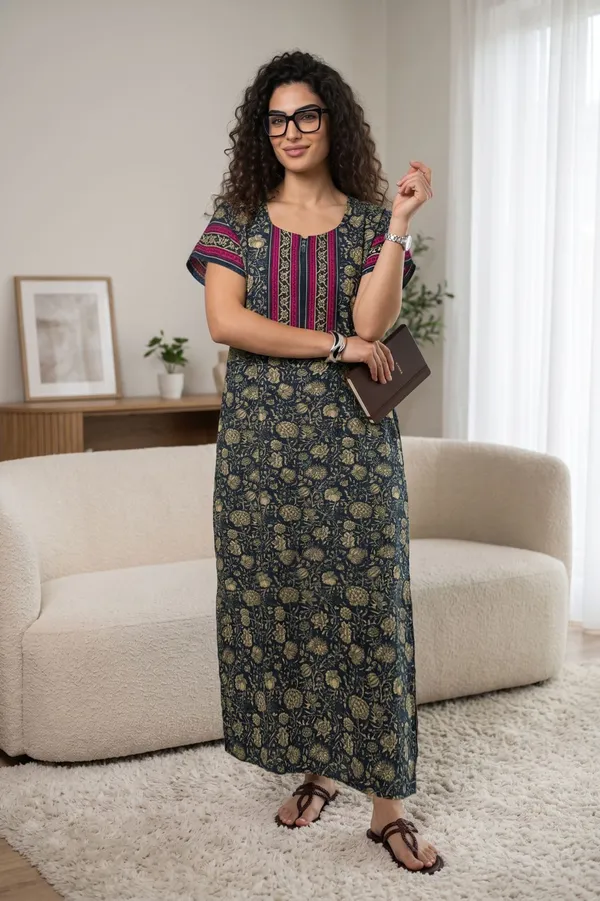 Evolove_Women's_Cotton_Contrast_Patch_Nighty_|_Soft_Breathable_Full_Length_Floral_Printed_Night_Gown_with_Designer_Yoke_|_Half_Sleeve_with_Side_Pocket|_Comfortable_Sleepwear_&_Home_Wear