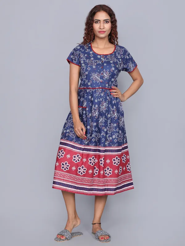 Women's_Navy_Floral_Printed_100%_Cotton_Short_Nighty_with_Half_Sleeves,_Round_Neck_&_Navy_Blue_Border_|_Short_Nightgown_|_Pom_Pom_lace_with_Placket_Button_Down_Style