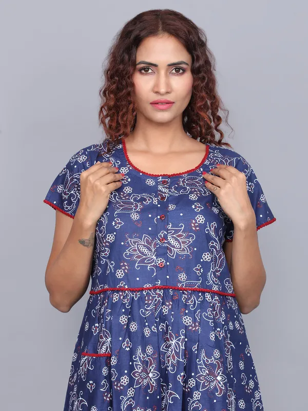 Women's_Navy_Floral_Printed_100%_Cotton_Short_Nighty_with_Half_Sleeves,_Round_Neck_&_Navy_Blue_Border_|_Short_Nightgown_|_Pom_Pom_lace_with_Placket_Button_Down_Style