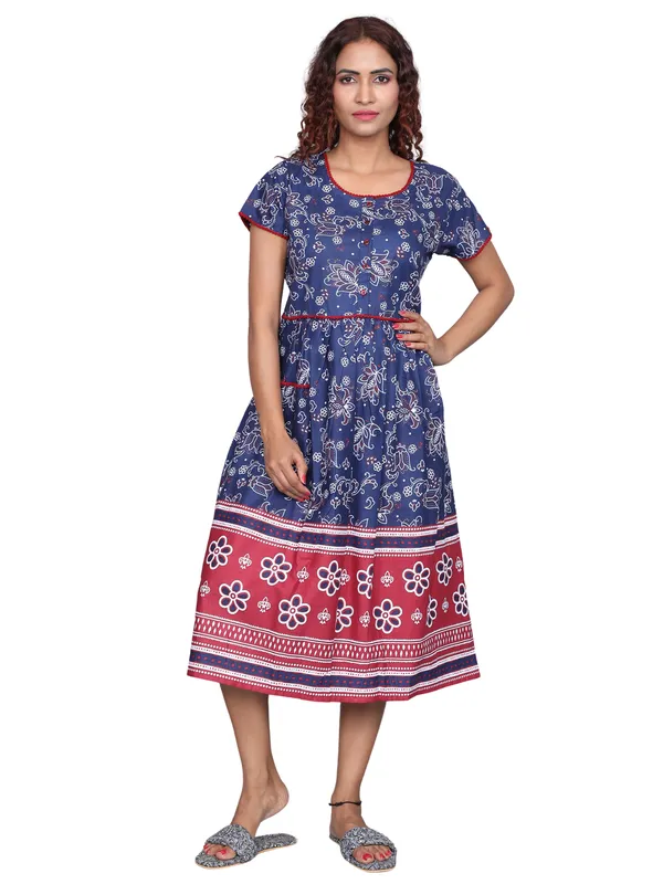 Women's_Navy_Floral_Printed_100%_Cotton_Short_Nighty_with_Half_Sleeves,_Round_Neck_&_Navy_Blue_Border_|_Short_Nightgown_|_Pom_Pom_lace_with_Placket_Button_Down_Style