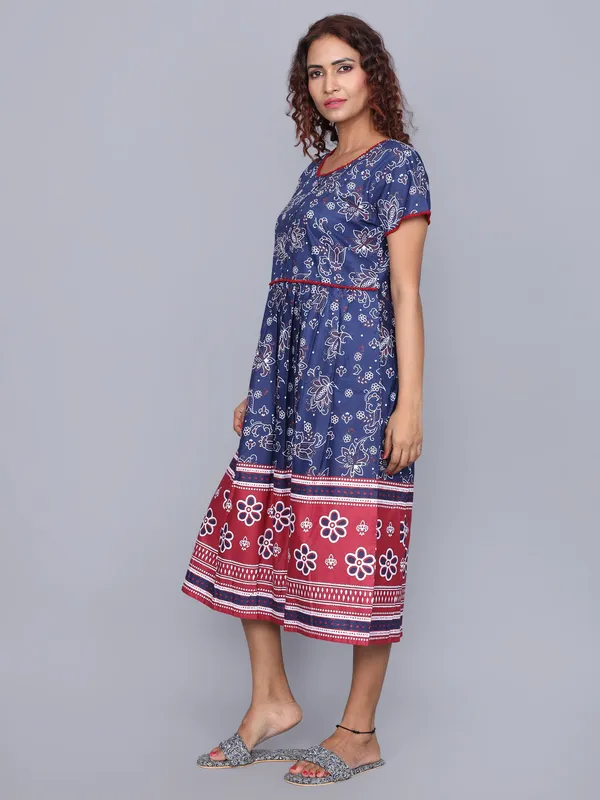 Women's_Navy_Floral_Printed_100%_Cotton_Short_Nighty_with_Half_Sleeves,_Round_Neck_&_Navy_Blue_Border_|_Short_Nightgown_|_Pom_Pom_lace_with_Placket_Button_Down_Style