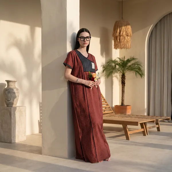 Evolove_Cotton_Maxi_Nighty_For_Women_With_Side_Pocket_|_Contrast_Yoke_Patch_Print_|_V-Neck_Printed_Short_Sleeves_Full_Length_Night_Wear_Gown_Rust_Red__(Angrakha_Style)