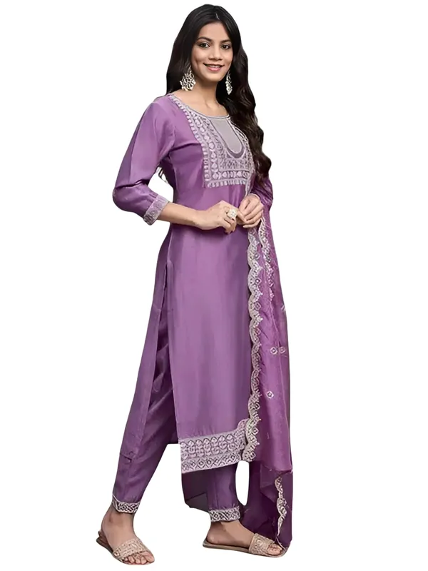 Lavender_Stitched_Kurta_And_Pant_&_Dupatta_Set_For_Women