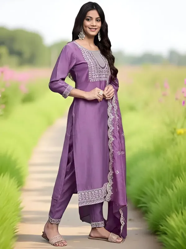 Lavender_Stitched_Kurta_And_Pant_&_Dupatta_Set_For_Women