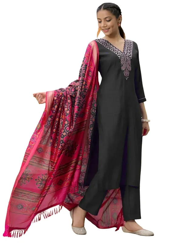 Black_Stitched_Kurta_And_Pant_&_Dupatta_Set_For_Women