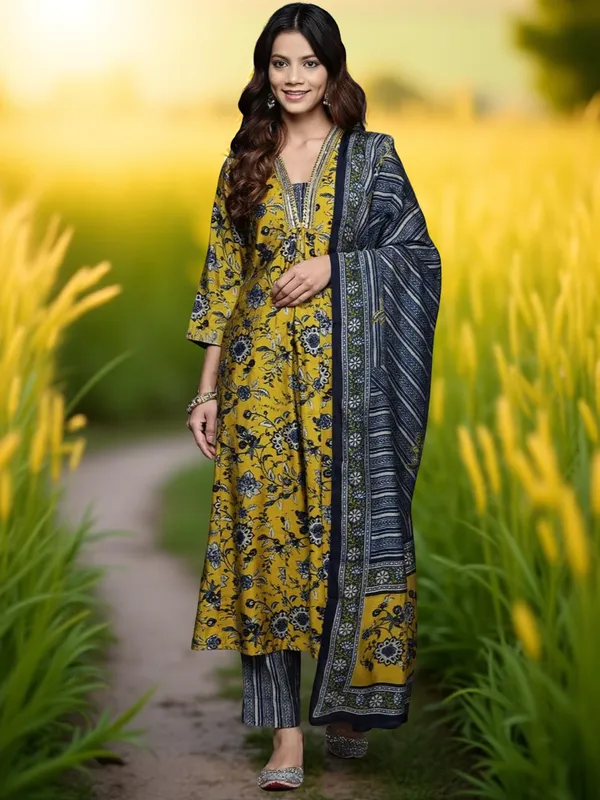 Yellow_Cotton_Printed_Salwar_Suit_Set_|_Kurta_Pant_Dupatta_Set_Stitched_For_Women