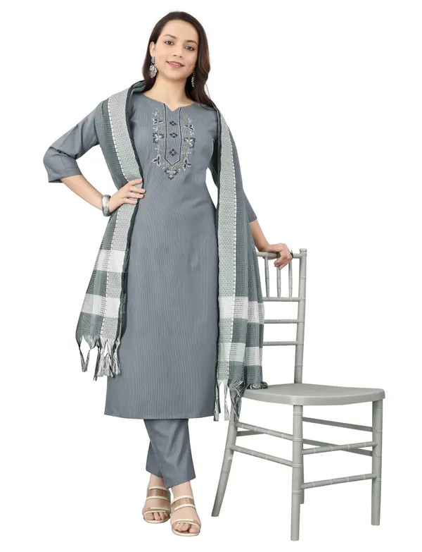 Grey_Stitched_Kurta_And_Pant_&_Dupatta_Set_For_Women