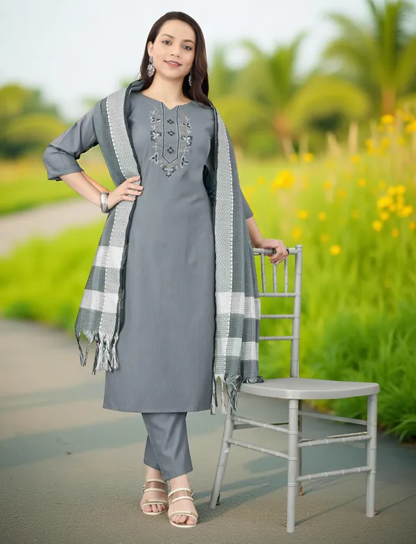 Grey_Stitched_Kurta_And_Pant_&_Dupatta_Set_For_Women