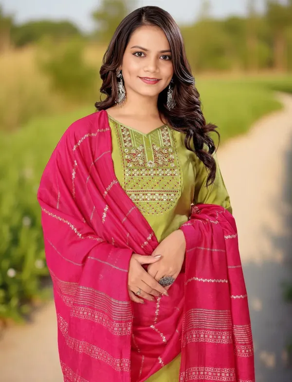 Parrot_Green_Stitched_Kurta_and_Pant_&_Dupatta_Set