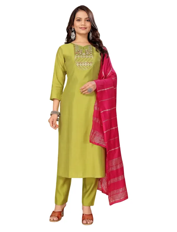 Parrot_Green_Stitched_Kurta_and_Pant_&_Dupatta_Set