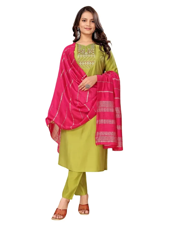 Parrot_Green_Stitched_Kurta_and_Pant_&_Dupatta_Set