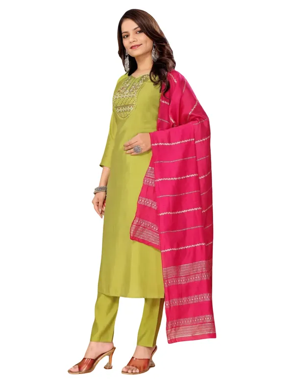 Parrot_Green_Stitched_Kurta_and_Pant_&_Dupatta_Set