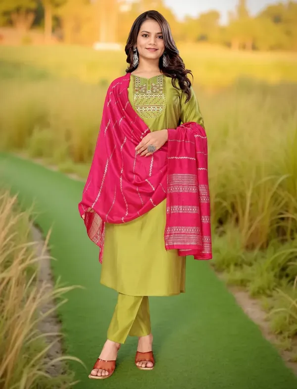 Parrot_Green_Stitched_Kurta_and_Pant_&_Dupatta_Set