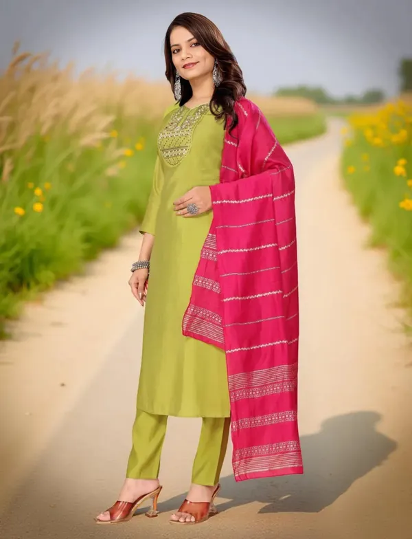 Parrot_Green_Stitched_Kurta_and_Pant_&_Dupatta_Set