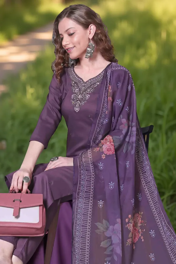 Lavender_Stitched_Kurta_And_Pant_&_Dupatta_Set_For_Women