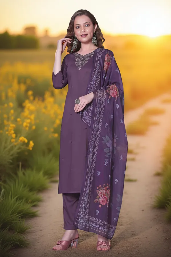 Lavender_Stitched_Kurta_And_Pant_&_Dupatta_Set_For_Women