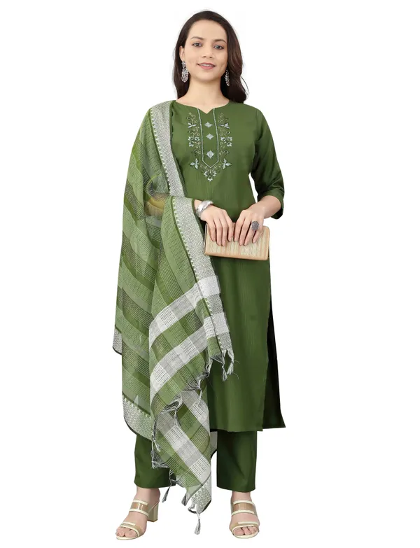 Green_Stitched_Kurta_And_Pant_&_Dupatta_Set_For_Women