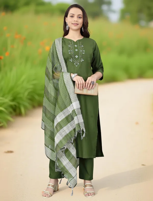Green_Stitched_Kurta_And_Pant_&_Dupatta_Set_For_Women