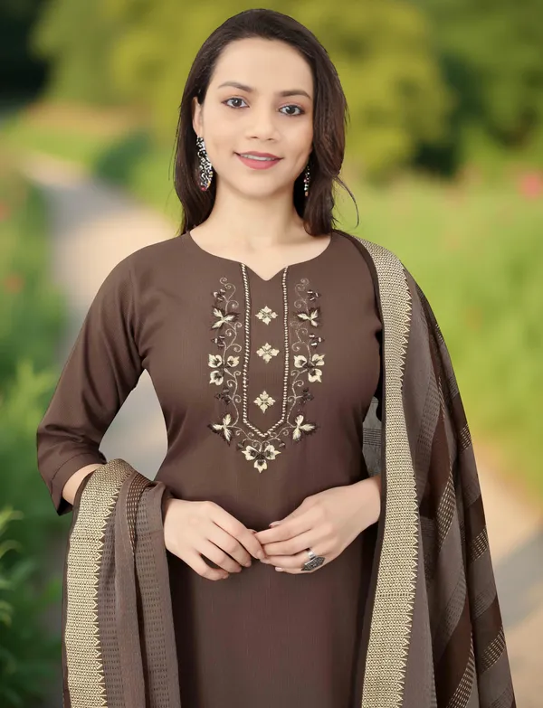 Brown_Stitched_Kurta_And_Pant_&_Dupatta_Set_For_Women